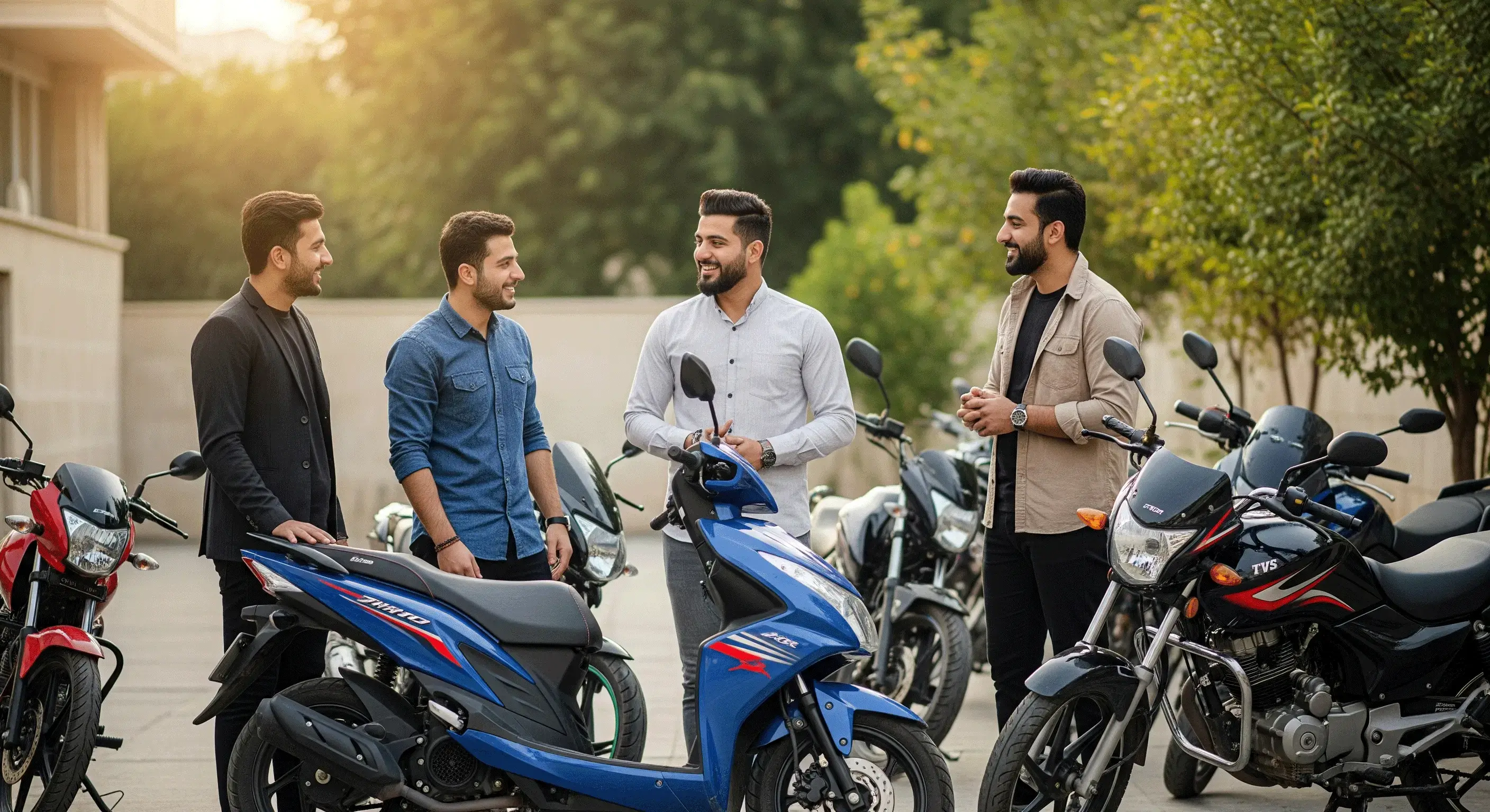 فرهنگیان خوشحال کنار موتورهای اقساطی TVS، نیرو موتور و گلکسی در فروشگاه فرهنگیان آپ بازار